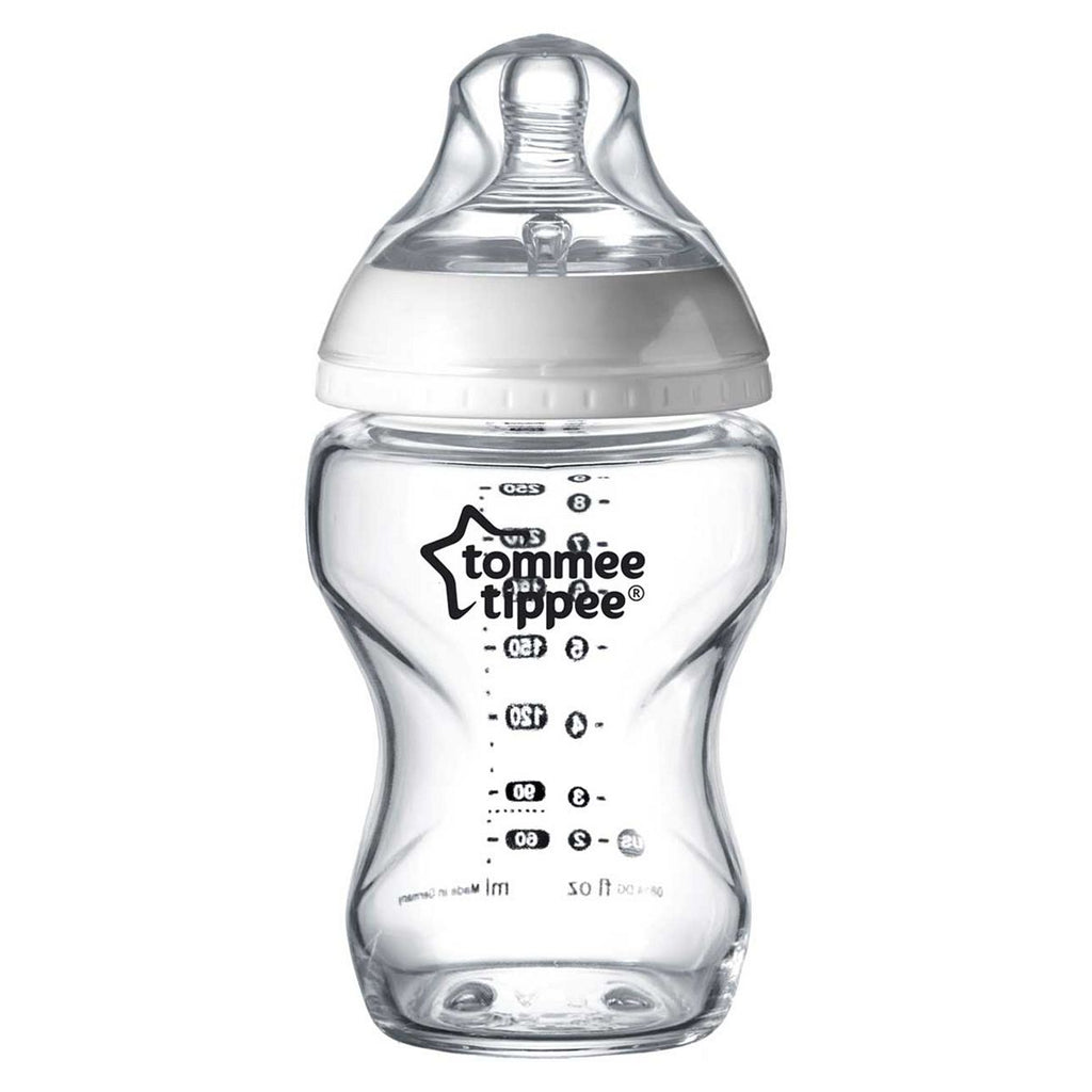 Tommee Tippee Closer to Nature Glass Baby Bottle, Slow Flow Breast-Like Teat with Anti-Colic Valve, 250ml, Pack of 1