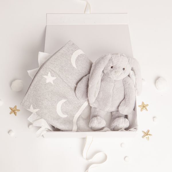 Babbico Grey Bunny Toy And Moon & Star Blanket Baby Gift Set