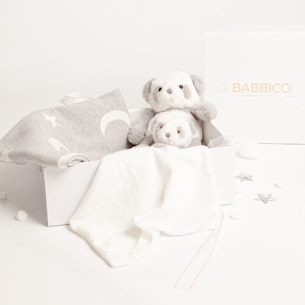 Babbico Grey Panda Toy, Blanket & Comforter Baby Gift Set