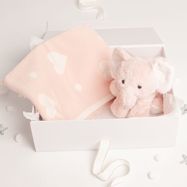 Babbico Pink Elephant Toy And Heart Blanket Baby Gift Set