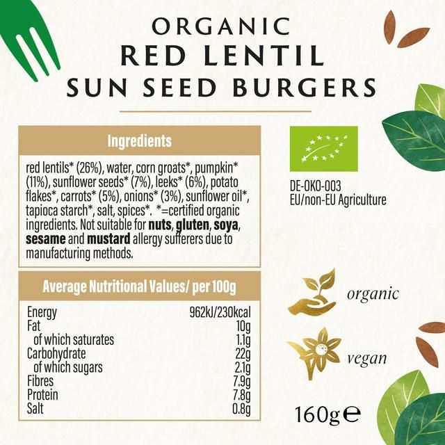 Biona Organic Red Lentil Sun Seed Burgers   160g - McGrocer