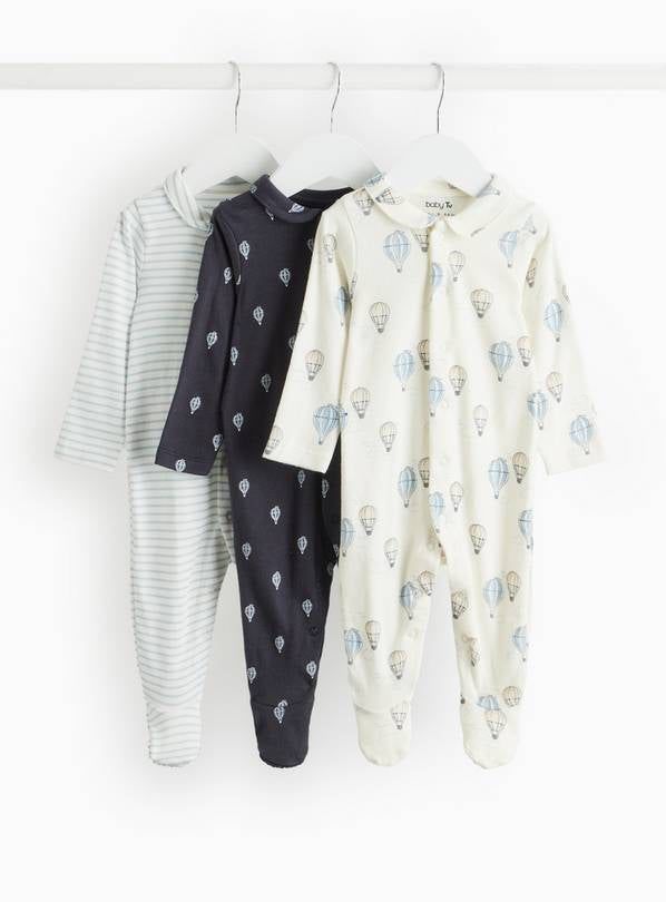 Blue Balloon Print & Striped Sleepsuits 3 Pack Up to 1 mth