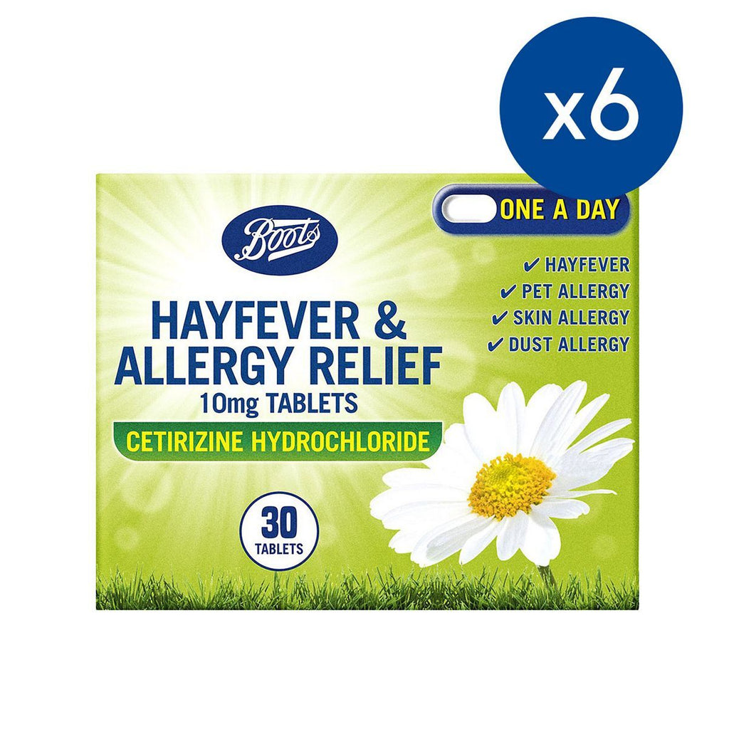 Boots Hayfever & Allergy Relief 10mg Tablets Cetirizine - 6 x 30 Tablets (6 Months Supply bundle)