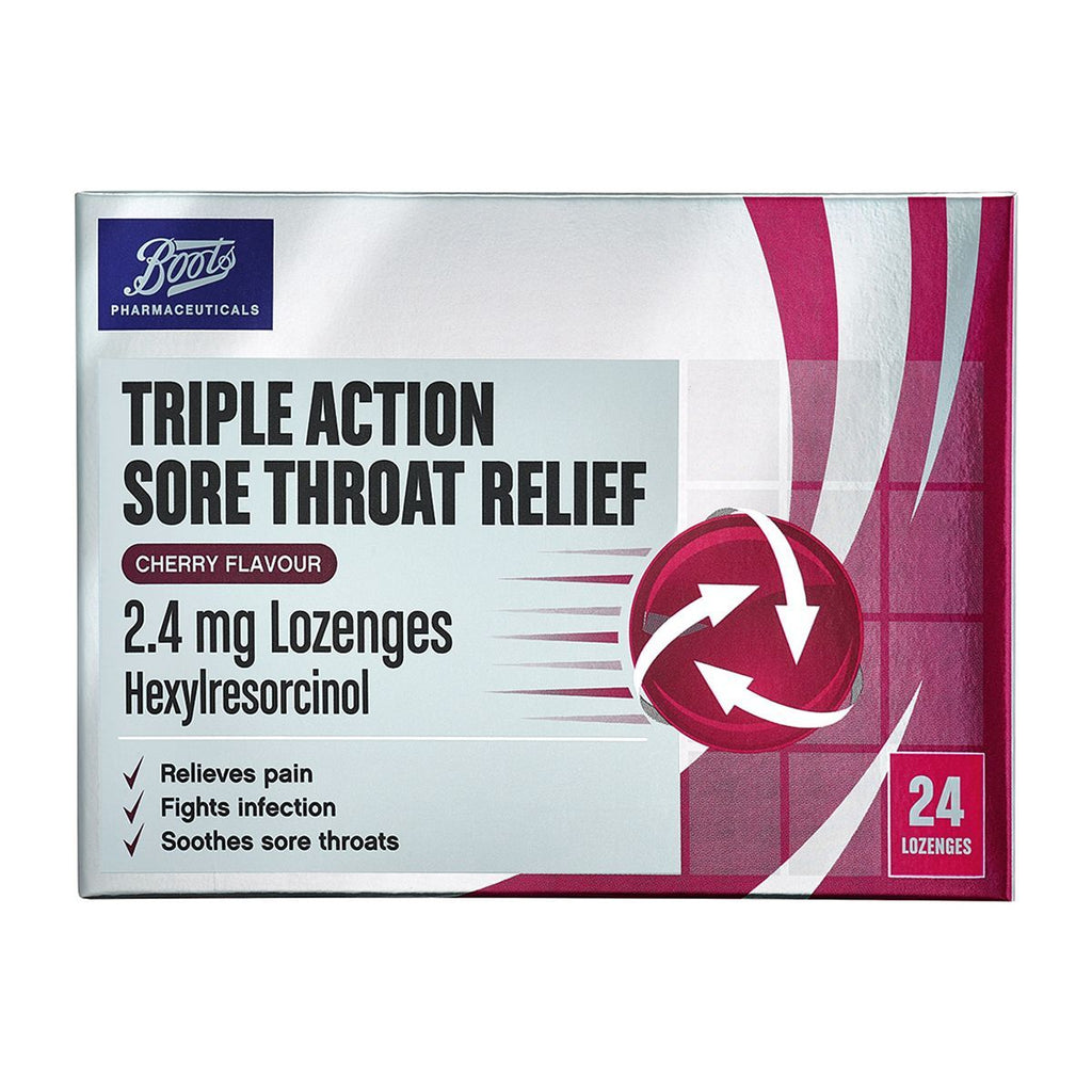 Boots Triple Action Sore Throat Relief 2.4 mg Lozenges - Cherry Flavour - 24 Lozenges