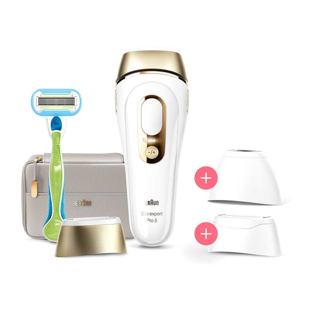 Braun IPL Silk-Expert Pro 5, At Home Hair Removal Device with Pouch, White/Gold, PL5257