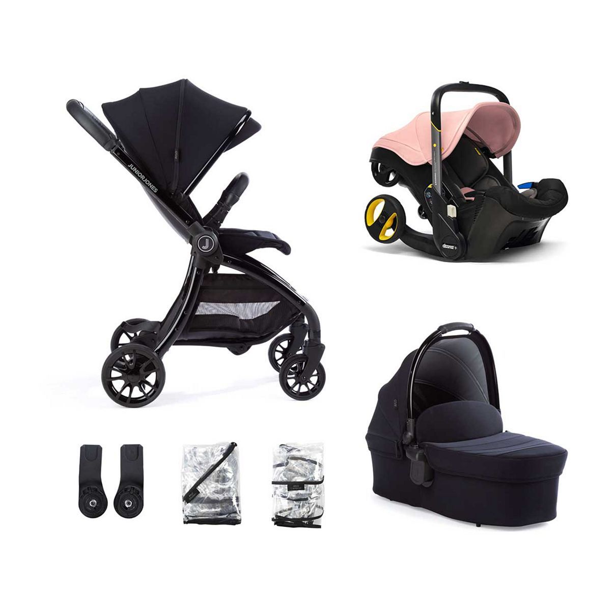 Junior Jones Aylo Rich Black 6 Piece Travel System inc Doona Blush Pink Car Seat