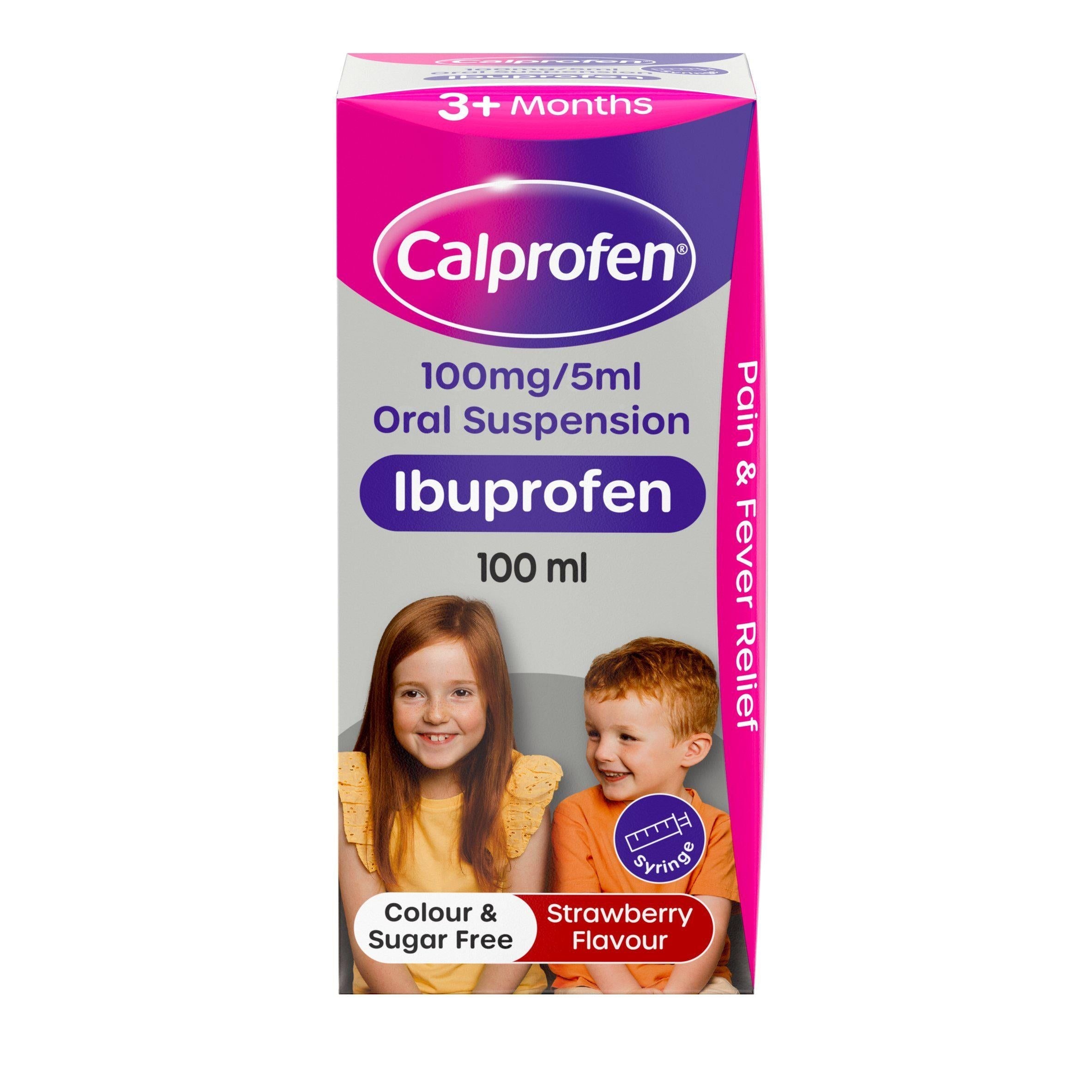 Calprofen 100mg/5ml Oral Suspension Ibuprofen Strawberry Flavour 3+ Months 100ml