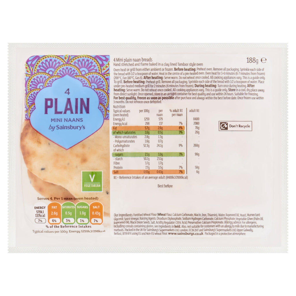 Sainsbury's Mini Plain Naan x4 188g