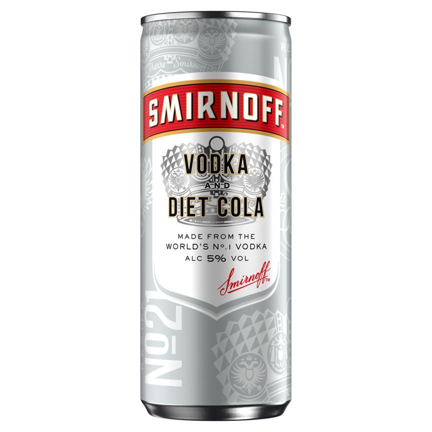 Smirnoff & Diet Cola Vodka Ready to Drink Premix Can 250 Adult Soft Drinks & Mixers ASDA   