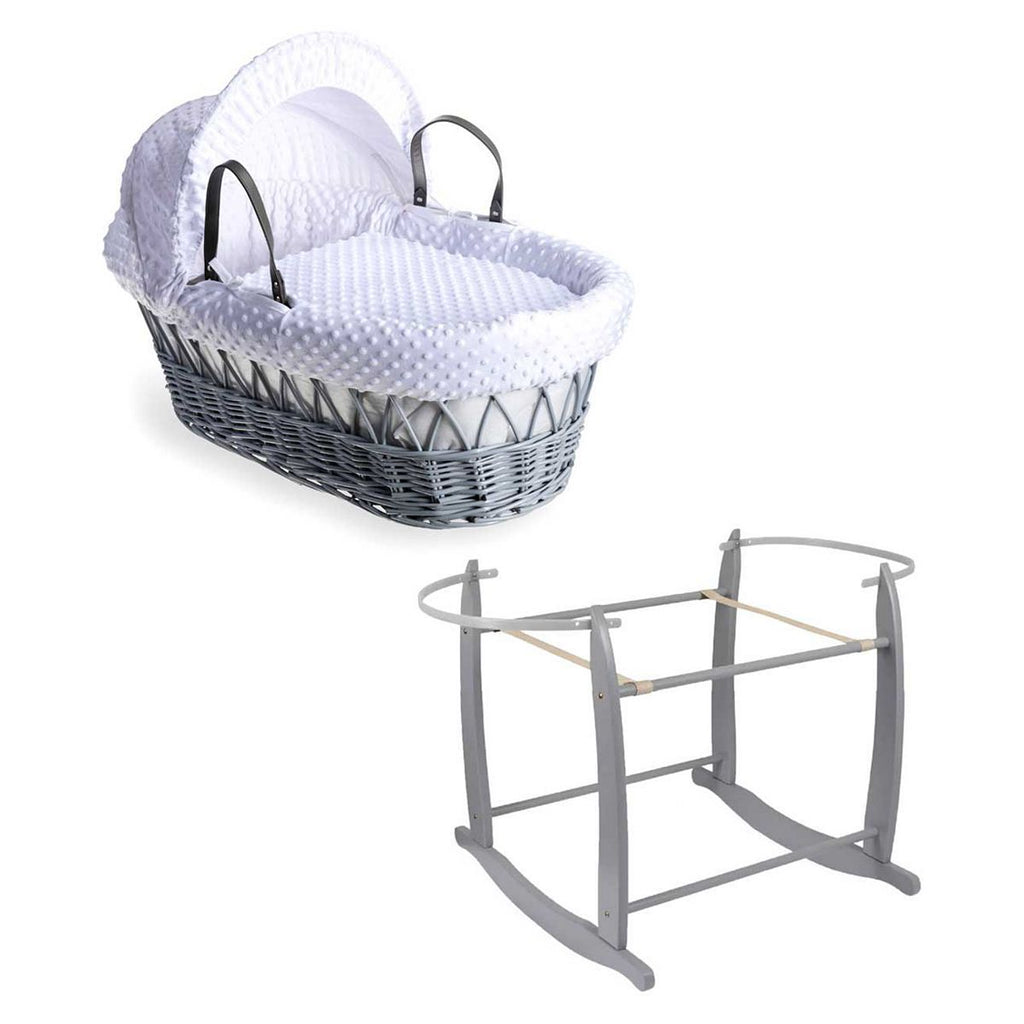 Clair de Lune White Dimple Grey Wicker Moses Basket with Rocking Stand