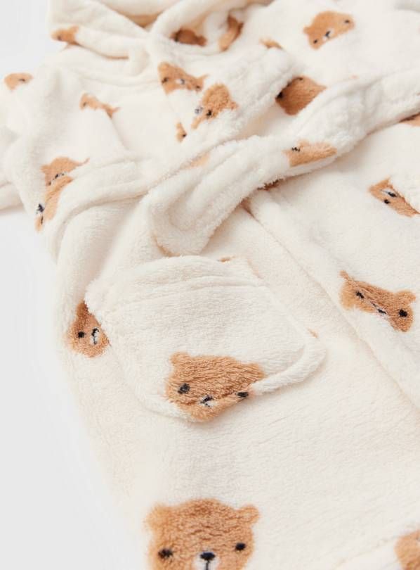 Cream Bear Print Fluffy Dressing Gown Up to 1 mth