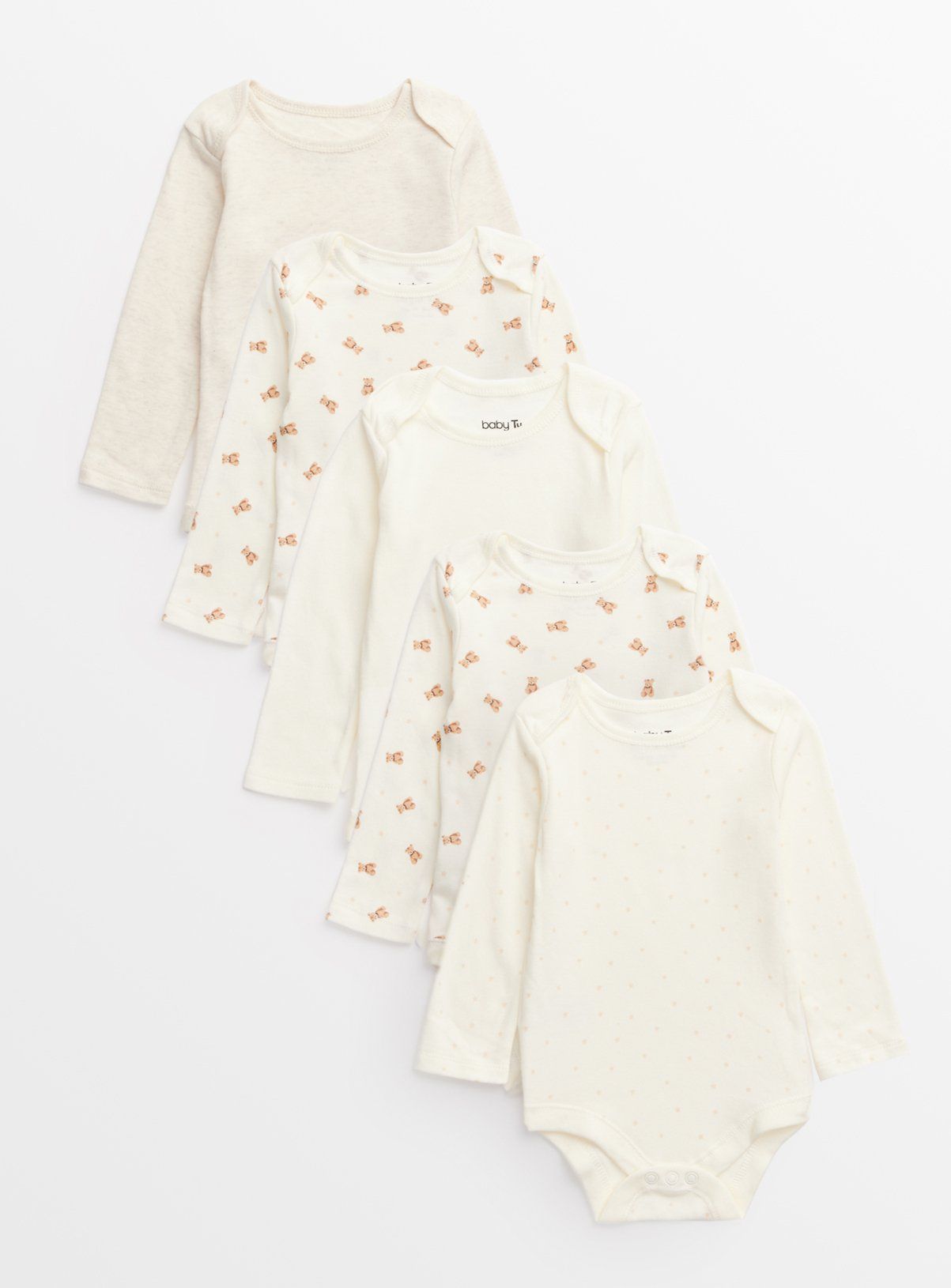 Cream Bear Print Long Sleeve Bodysuits 5 Pack Up to 3 mths