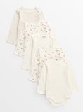 Cream Bear Print Long Sleeve Bodysuits 5 Pack Up to 3 mths