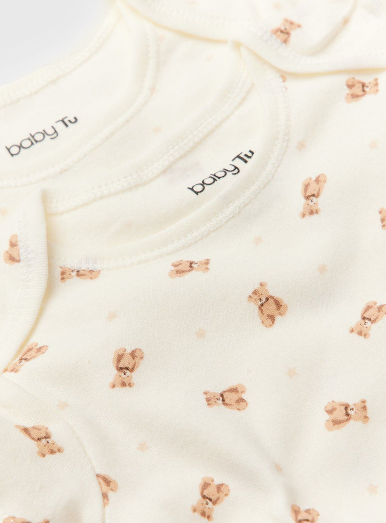 Cream Bear Print Short Sleeve Bodysuits 5 Pack Up to 3 mths