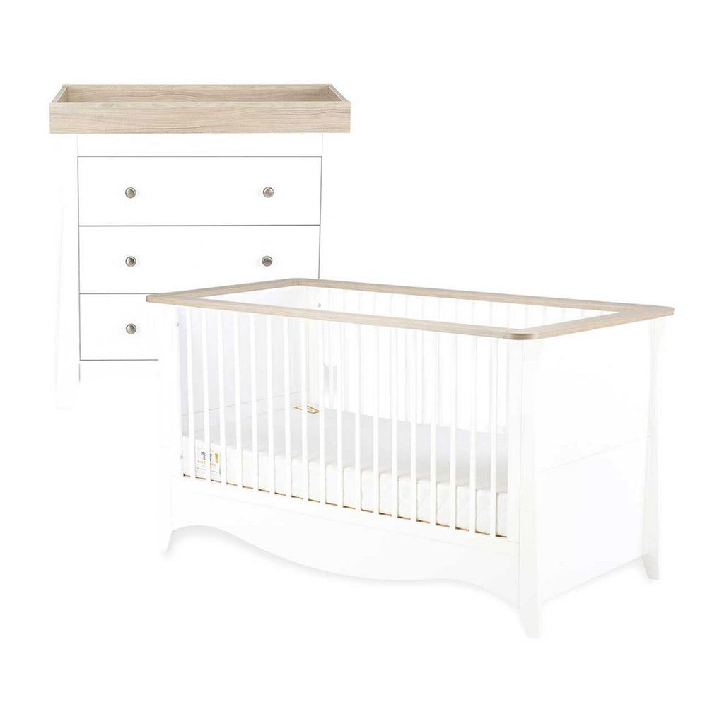 CuddleCo Clara 2pc White & Ash Nursery Furniture Set- 3 Drawer Dresser and Cot Bed