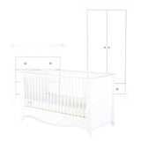 CuddleCo Clara 3pc White Nursery Furniture set -  3 Drawer Dresser, Cot Bed, and Wardrobe