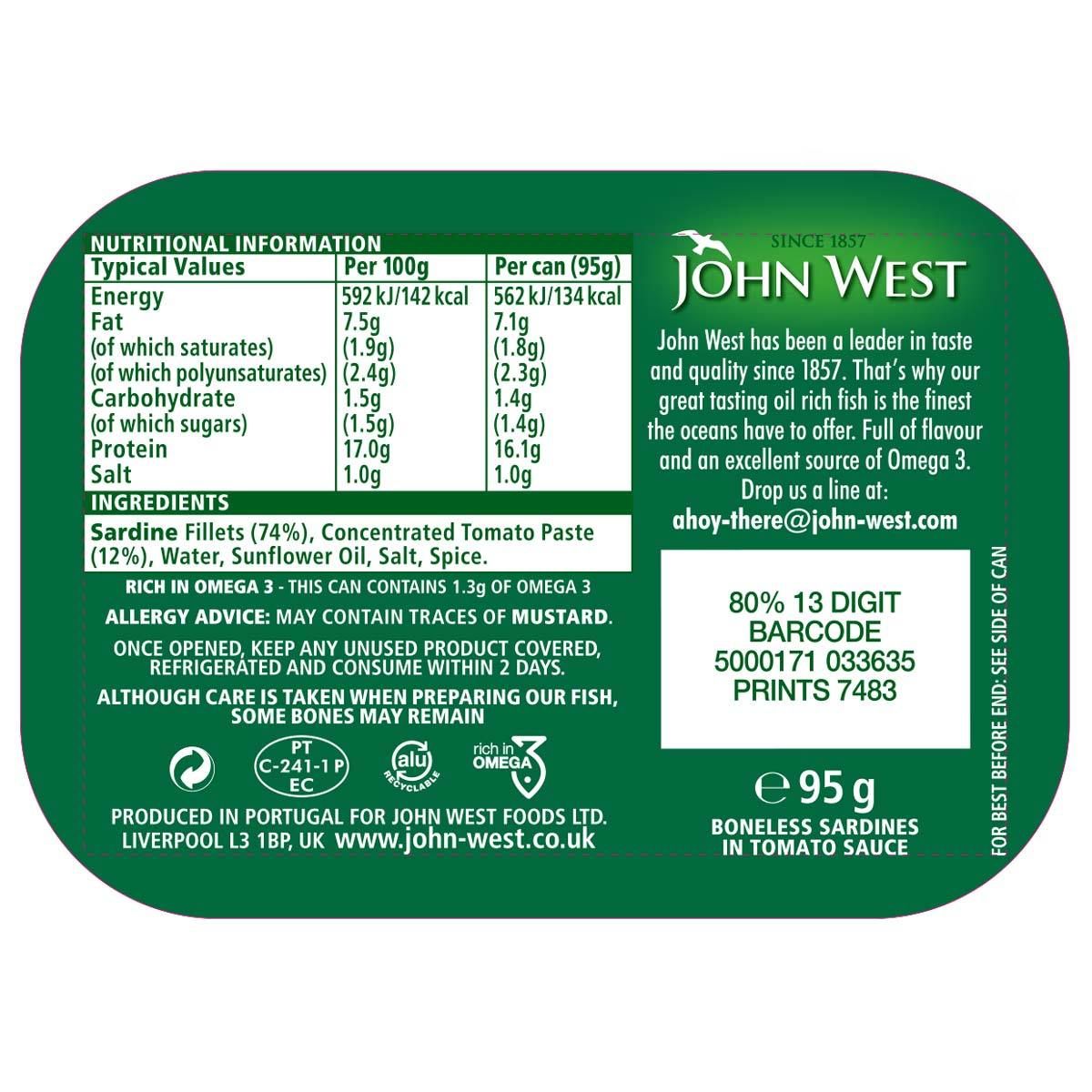 John West Boneless Sardines in Tomato Sauce, 12 x 95g