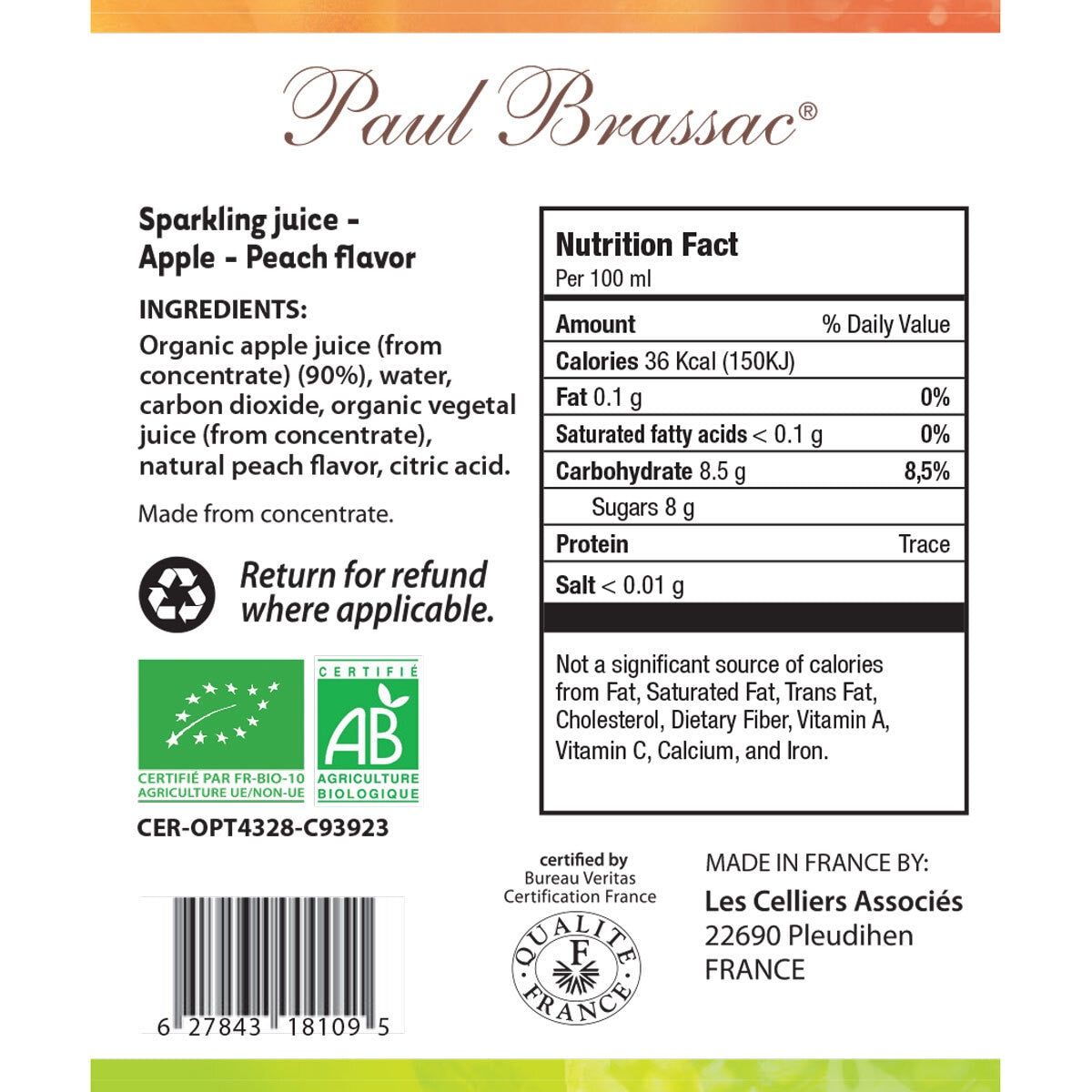 Paul Brassac Organic Sparkling Fruit Juice, 3 x 750ml GOODS Costco UK