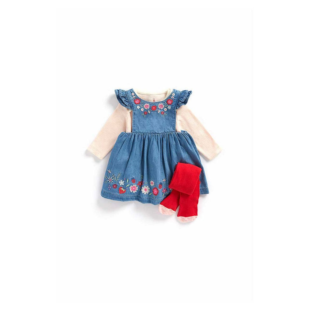 Denim Pinny Dress, Bodysuit And Tights Set