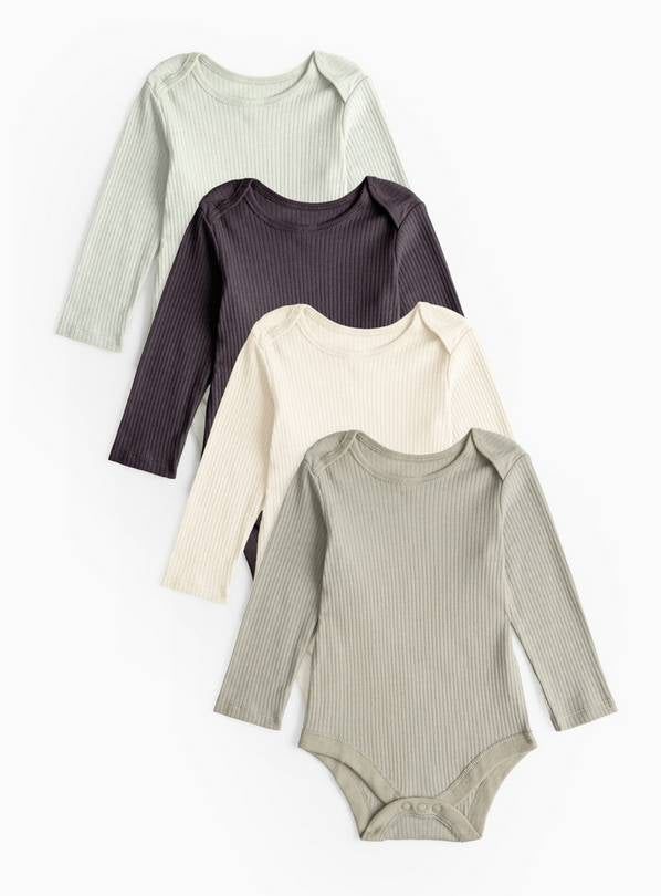 Dino Plain Ribbed Long Sleeve Bodysuit 4 Pack Up to 3 mths