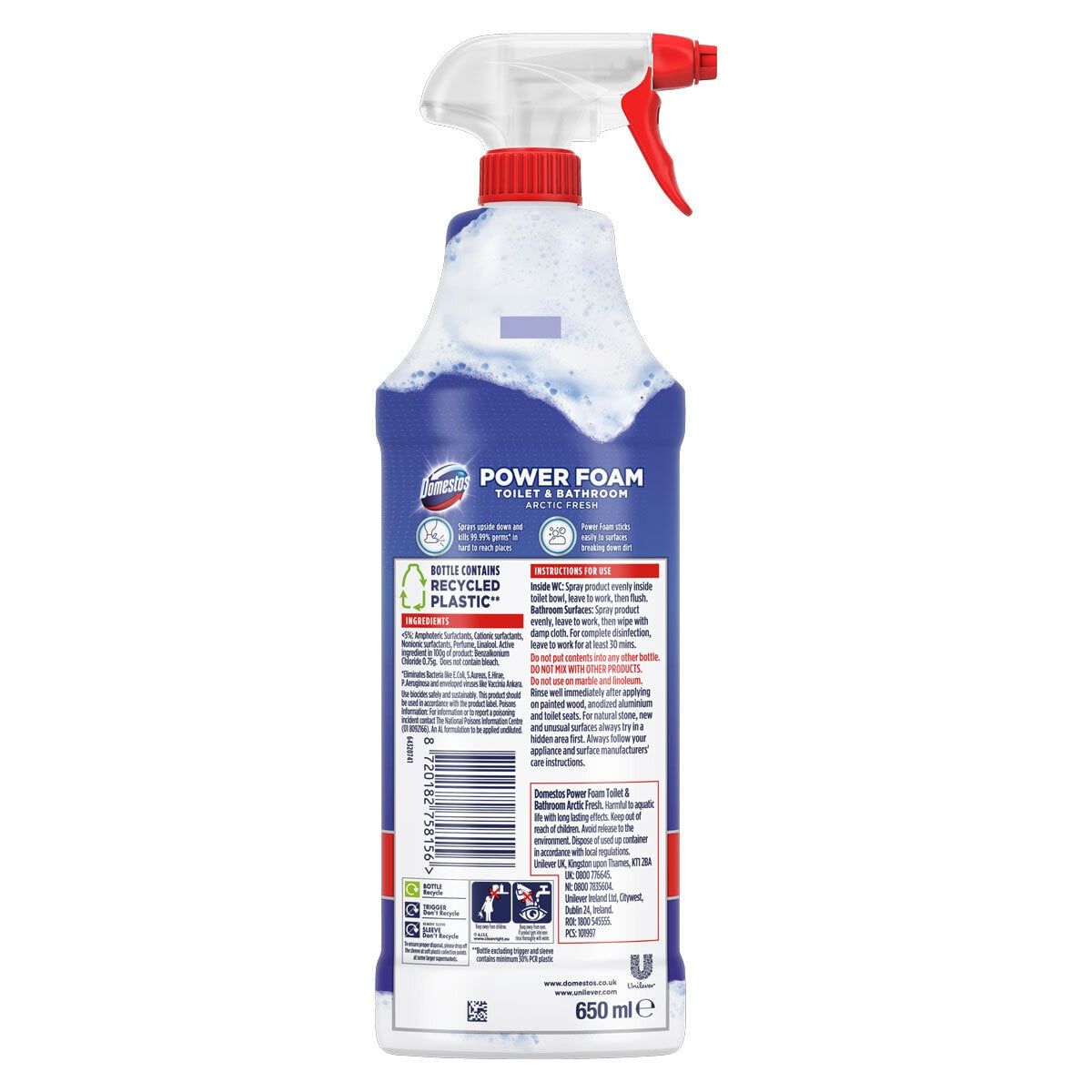 Domestos Power Foam Arctic Fresh Toilet &amp;amp; Bathroom Cleaner Spray, 3 x 650ml