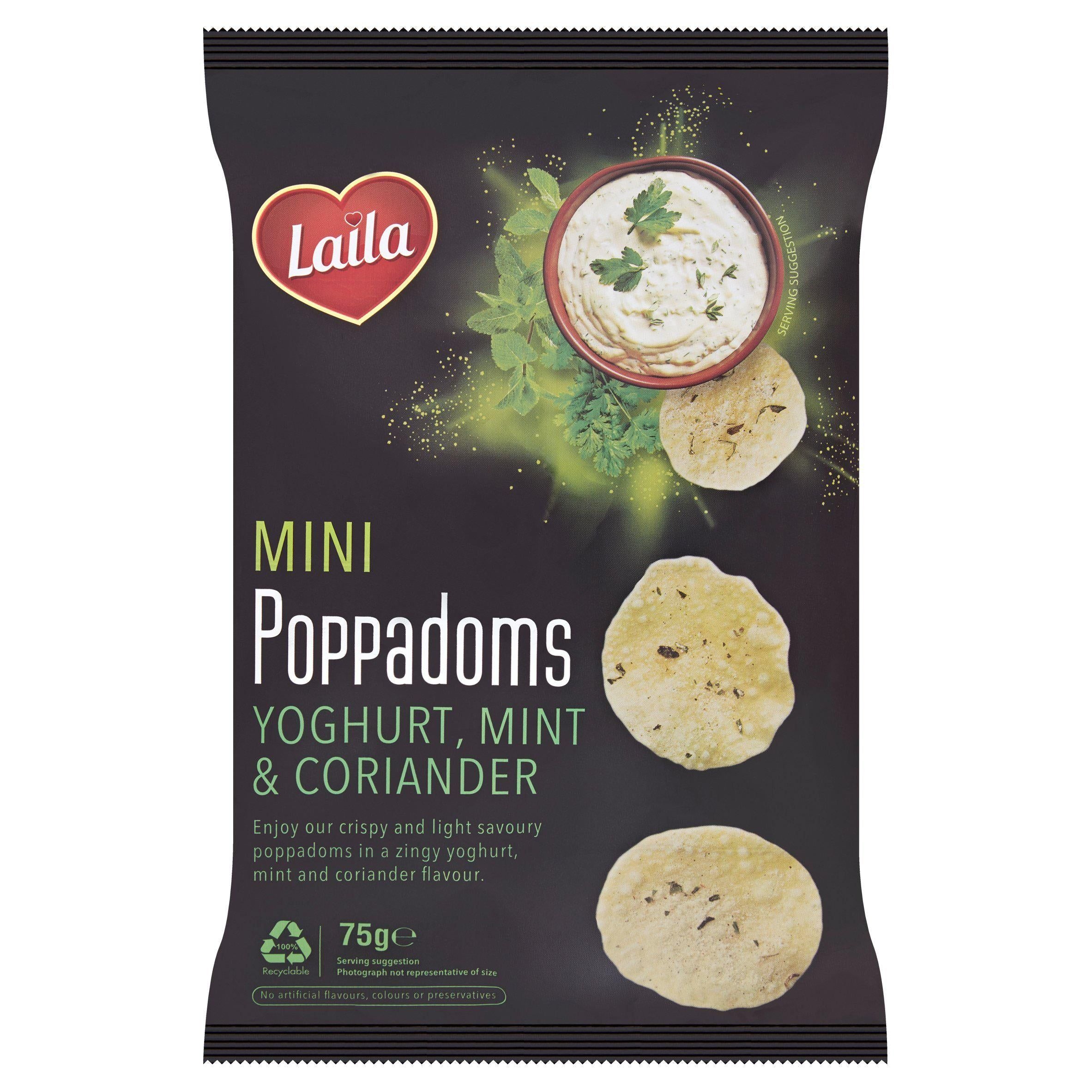 Laila Mini Poppadoms Yoghurt Mint & Coriander 75g GOODS Sainsburys   