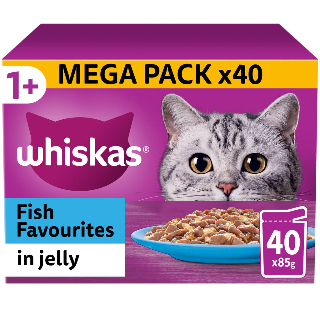 Whiskas 1+ Fish Favourites Adult Wet Cat Food Pouches in Jelly 40x85g