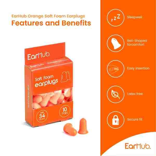 EarHub Premium Orange Soft Foam Earplugs 10 Pair