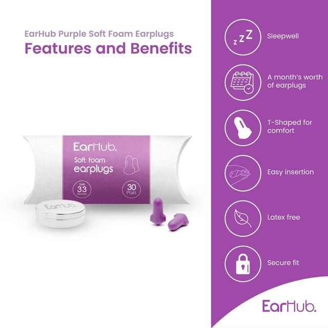 EarHub Sleepwell Purple Soft Foam Earplugs   30 per pack