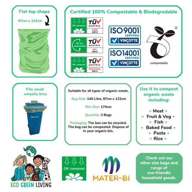 Eco Green Living Certified Compostable 140L Wheelie Bin Bags   5 per pack