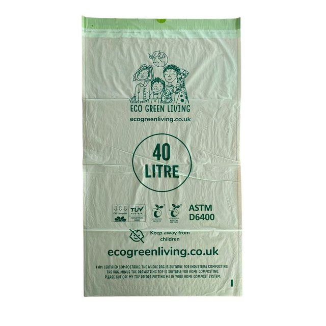 Eco Green Living Certified Compostable 40L Heavy Duty Drawstring Bin Bags   25 per pack