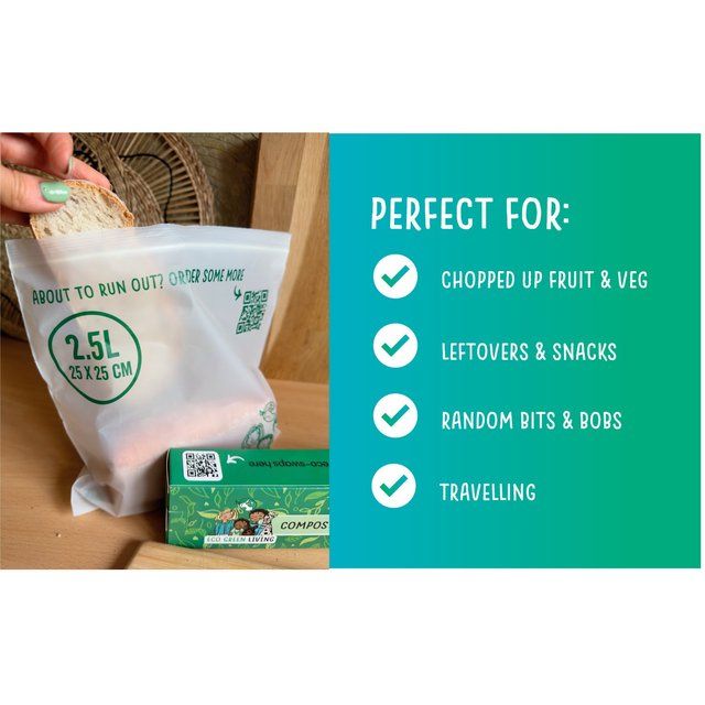 Eco Green Living Certified Compostable Large 2.5L Resealable Ziplock Bags   15 per pack