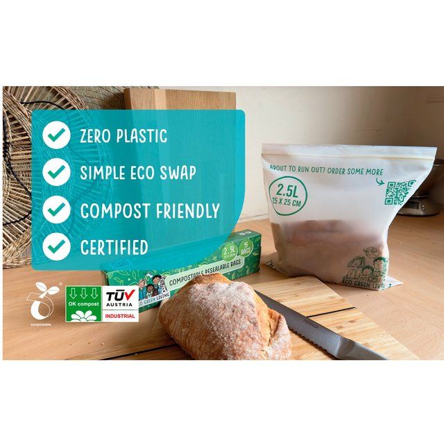 Eco Green Living Certified Compostable Large 2.5L Resealable Ziplock Bags   15 per pack