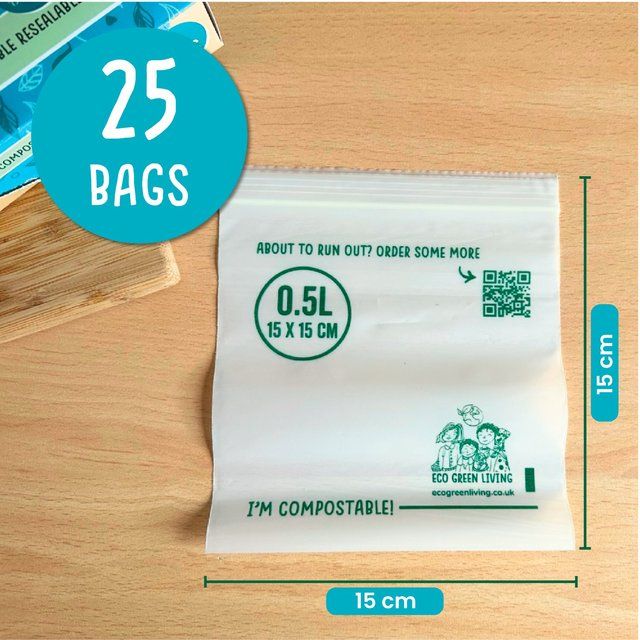 Eco Green Living Certified Compostable Small 0.5L Resealable Ziplock Bags   25 per pack