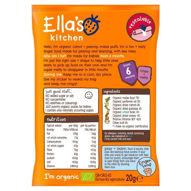 Ella's Kitchen Carrot &amp;amp; Parsnip Melty Puffs Baby Snack 6+ Months   20g