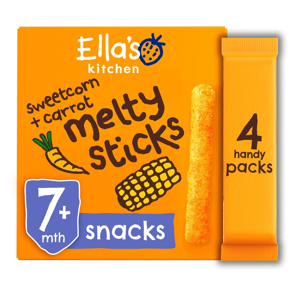 Ella's Kitchen Organic Sweetcorn & Carrot Melty Sticks Multipack Baby Snack 7+ Months 4x6g