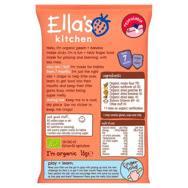 Ella's Kitchen Peach &amp;amp; Banana Melty Sticks Baby Snack 7+ Months   16g