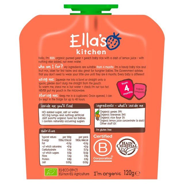 Ella's Kitchen Pear and Peach Baby Rice Baby Food Pouch 4+ Months   120g