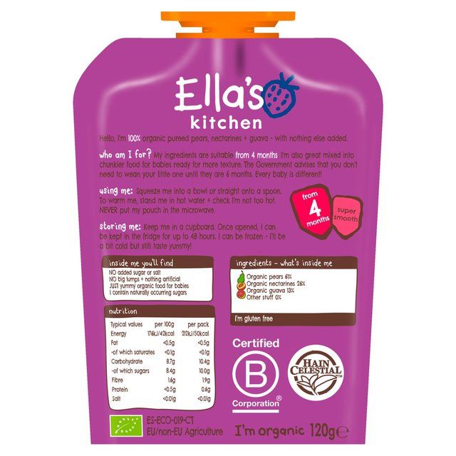 Ella's Kitchen Pears Nectarines and Guava Baby Food Pouch 4+ Months   120g