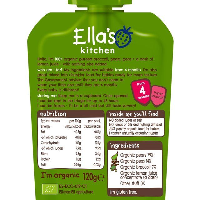 Ella's Kitchen Pears Peas &amp;amp; Broccoli Baby Food Pouch 4+ Months   120g