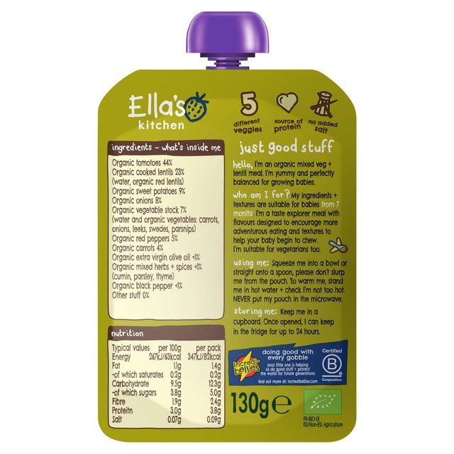 Ella's Kitchen Vegetable &amp;amp; Lentil Bake Baby Food Pouch 7+ Months   130g