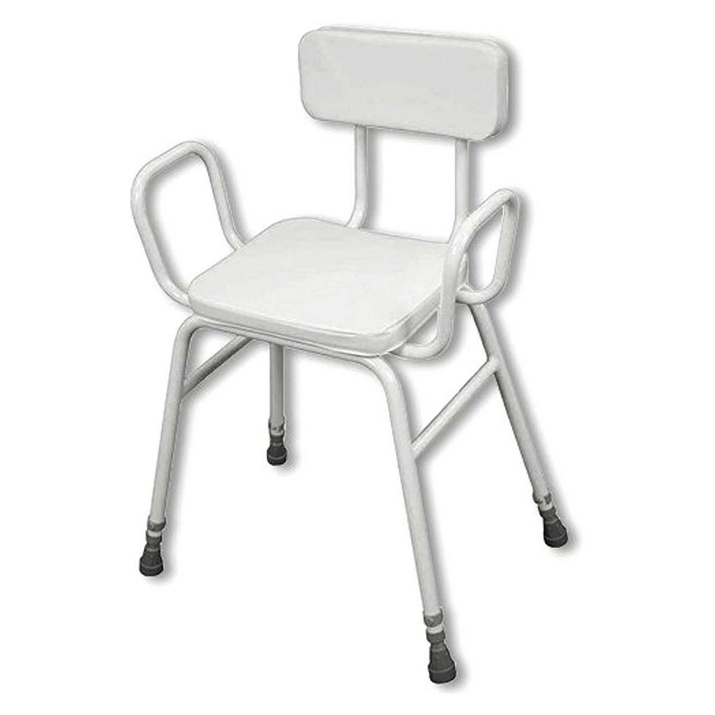 NRS Healthcare Malvern Perching Stool with Armreasts and Padded Seat, White