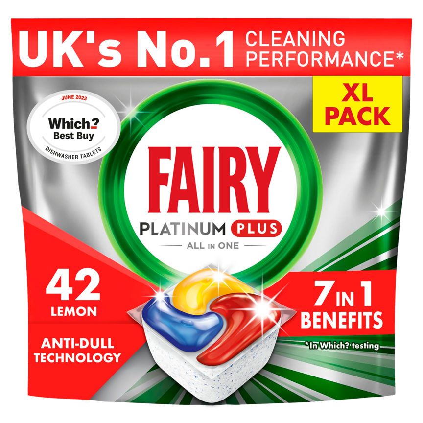 Fairy Platinum Plus All In One Dishwasher Tablets Lemon, 42 Tablets