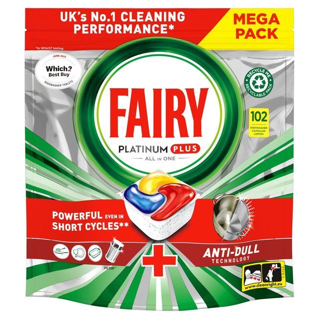 Fairy Platinum Plus All In One Lemon Dishwasher Tablets   102 per pack