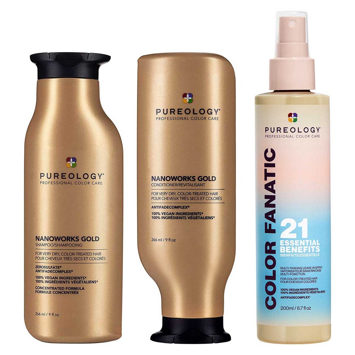 Pureology Nanoworks Gold Shampoo, Conditioner and Color Fanatic Leave In Conditioner Bundle GOODS Boots   