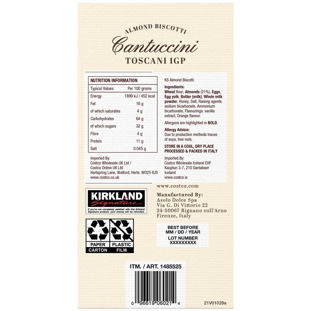 Kirkland Signature Cantuccini Toscani IGP Almond Biscotti, 1kg GOODS Costco UK