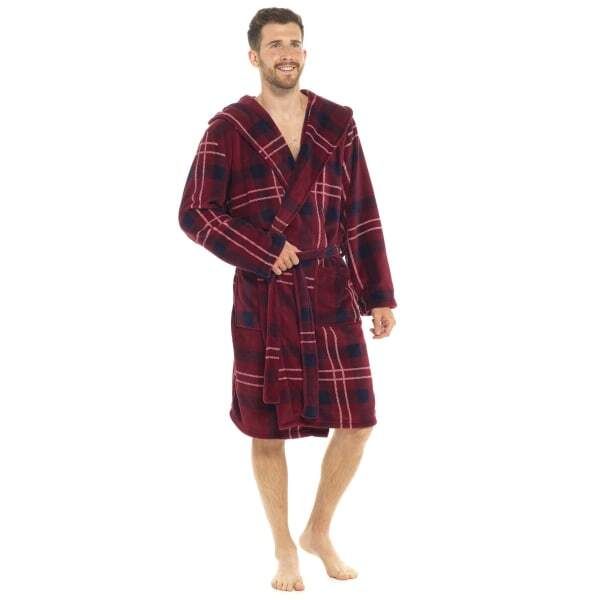 Foxbury Mens Coral Fleece Check Hooded Robe (L)