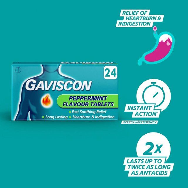 Gaviscon Heartburn &amp;amp; Indigestion Relief Peppermint Flavour Tablets   24 per pack