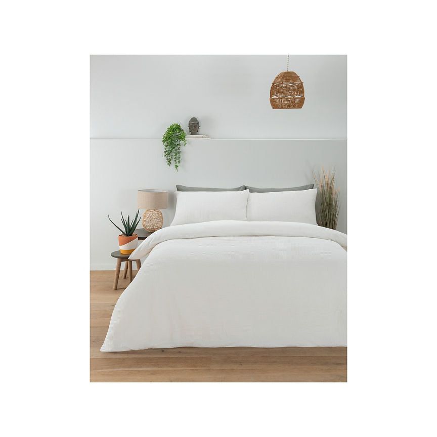 George Home 100% Cotton Waffle Duvet Set White - Double