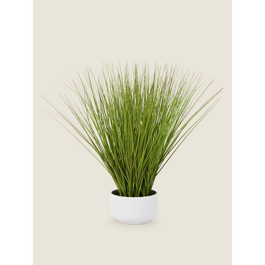 George Home Artificial Grass Stems in White Ribbed Plastic Pot